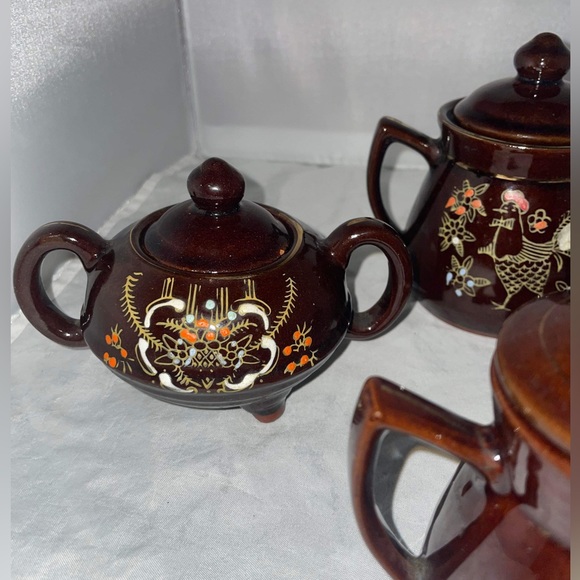 Vintage Japanese Redware hand painted Brown Betty sugar creamer sets jam jar - Picture 2 of 7